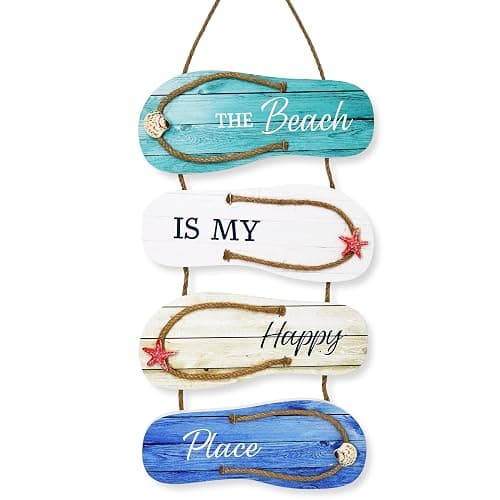 Wooden Flip Flop Beach Decor Sign Nautical Coastal Wood Wall Decor with Rope Hanger Summer Indoor and Outdoor Wall Accent for Bathroom, Bedroom & Living Room - Image 1