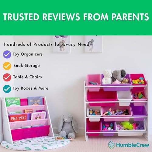Humble Crew 4-Tier Kids Bookshelf, White Wood/Pink/Purple - Premium Book Shelf for Kids Rooms with Four Deep Pockets - Toddler Sling Book Rack with Deep Sleeves, Nursery Bookcase Organizer thumbnail 8