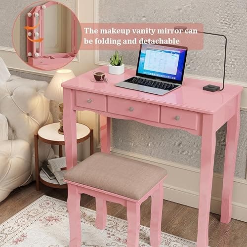 Phonrida Pink Makeup Vanity for Girls Vanity Desk with Mirror and Lights Girls Vanity Desk Vanity with Lights Make Up Vanity Set tocadores para maquillarse con Luces y cajones Vanity Table Set thumbnail 7