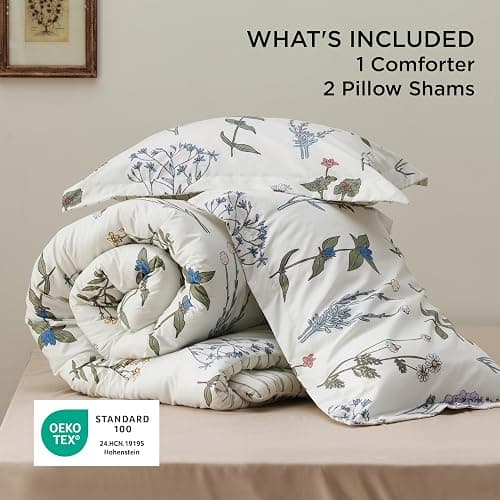 Bedsure Comforter Set Queen Size - Cute Floral Bedding Comforter Set, 3 Pieces, 1 Soft Reversible Coconut White Botanical Flowers Comforter and 2 Pillow Shams thumbnail 6