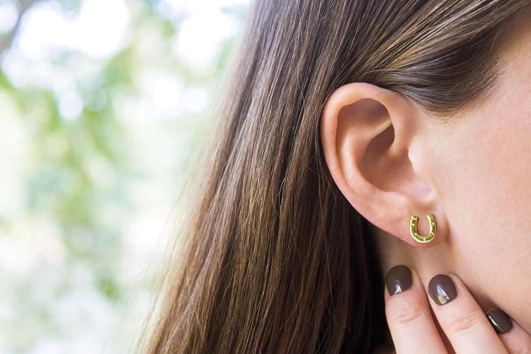 Horseshoe Earrings 18k Gold | Equestrian Jewelry Gift for Women Horse Lovers, Lucky Good Luck Charm Studs thumbnail 2