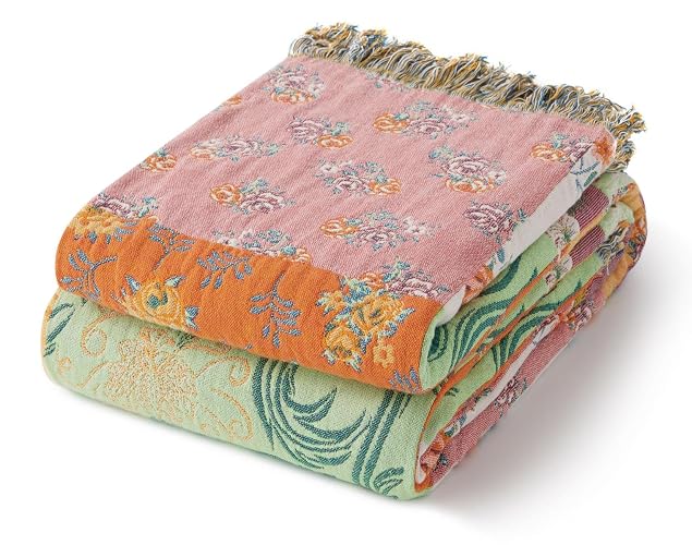 RILIHO 100% Cotton Boho Throw Blanket for Home Decor – Classic Farmhouse Quilt Bedding, Muslin Blankets for Adults, Vintage Woven Decorative Blanket for Couch, Bed Layering Use, Patchwork, 50"x60" - Image 1