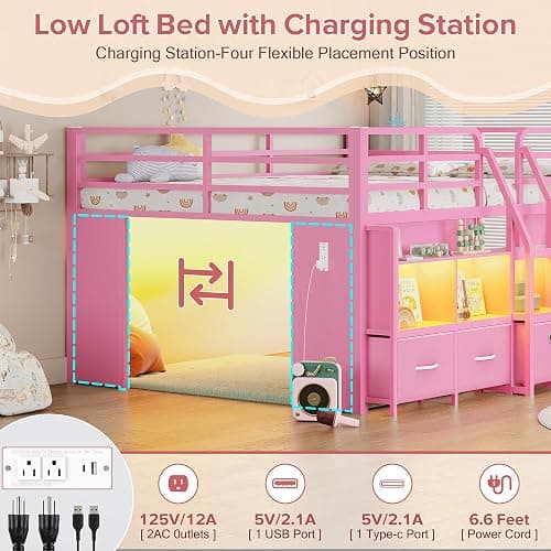 BYSAUD Full Low Loft Bed with 5 Storage Drawers and 6 Bookcases, Pink | Metal Loft Bed for Kids with LED Lights & Charging Station, 15" Safety Guardrail & Ladder, Under-Bed Play Space thumbnail 5