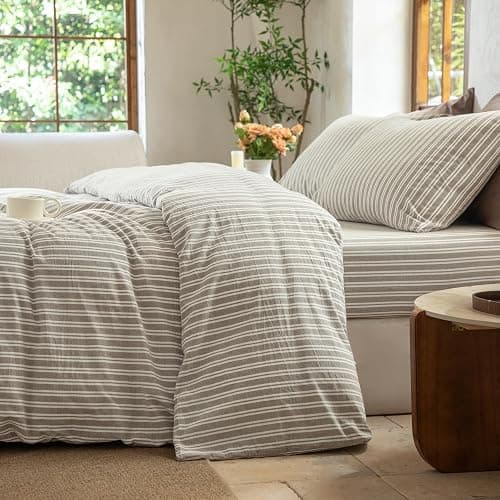 BESTDESIL Striped Duvet Cover Set, 100% Washed Cotton Bedding King Size, Stripes Pattern Printed Comforter Cover with Zipper Closure(Linen Grey,King Size) thumbnail 4