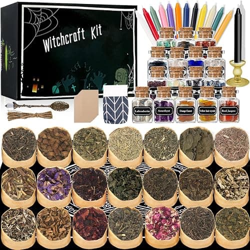 Witchcraft Supplies Kit, 86 PCS Wiccan Supplies and Tools, Include Dried Herbs, Crystal Jars, Colored Candles and Parchments, for Beginners Witches Pagan Altar Decor - Image 1