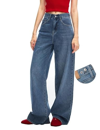 Women's Adjustable Wasit Baggy Jeans with Snap-Button Waistband Wide Straight Leg High Rise Jeans Denim Pants Y2K Trousers - Image 1