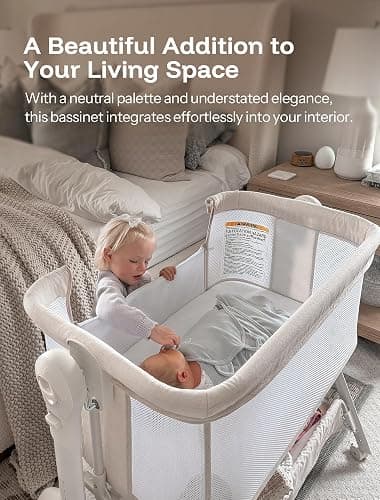 HARPPA Cuddly Baby Bassinet Bedside Sleeper, 3 in 1 Rocking Bassinet with Mattress and Soft Cover, Full Mesh Sides, 5 Height Adjustable with Wheels for Newborns, Beige thumbnail 4