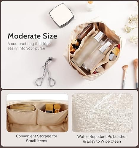 Aveniee Travel Makeup Bag Small, Vegan Leather Cosmetic Pouch for Purse, Wide-open Toiletry Organizer with Dividers & Zipper for Women-Beige thumbnail 4