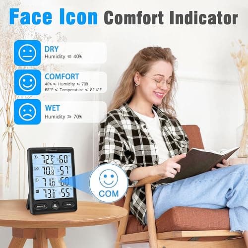 Geevon Indoor Outdoor Thermometer Wireless 3 Remote Sensors, 5-Inch Display Digital Hygrometer Thermometer Temperature Humidity Monitor with 8S Backlight, Battery-Powered (Black) thumbnail 6