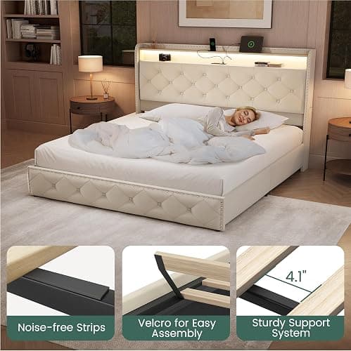 LARMACE Queen Size Bed Frame with 4 Storage Drawers and Charging Station,Velvet Upholstered Platform Bed Frame with LED Headboard,Heavy Duty,No Box Spring Needed,Easy Assembly,Beige thumbnail 8