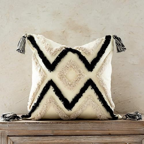 Woven Tufted Boho Throw Pillow Cover, Modern Decorative Geometric Chevron Striped Cushion with Tassels, Farmhouse Tribal Pillowcases for Couch Sofa Bedroom Living Room, 18 x 18 Inches, Black, Ivory - Image 1