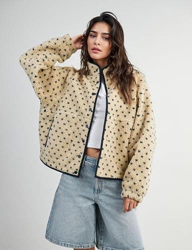 Meyhad Women's Fleece Jacket Button Down Lapel Collar Sherpa Jackets Long Sleeve Contrast Quilted Outerwear thumbnail 4