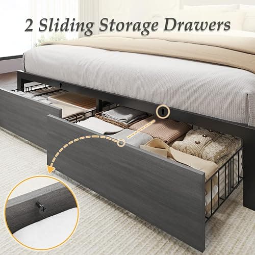 Lifezone Queen Bed Frame with 2-Tier Storage Headboard, Bedroom Metal Bed Frame with 2 Storage Drawers & Fast-Charging Station & LED, Noise-Free, No Box Spring Needed, Easy Assembly, Rustic Grey thumbnail 6