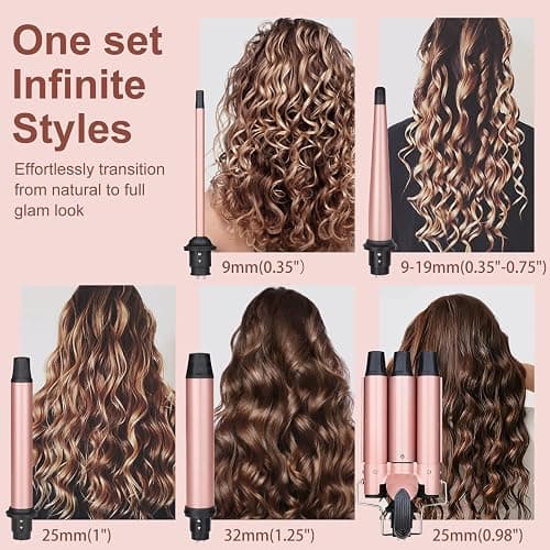 UNOBEY 5 in 1 Curling Wand Set, Three Barrel Curling Iron Wand Set | with 3 Barrel Hair Waver Curling Iron & 4 Interchangeable Ceramic Hair Curler Wand(0.5”-1.25”), Fast Heating, Include Glove thumbnail 2