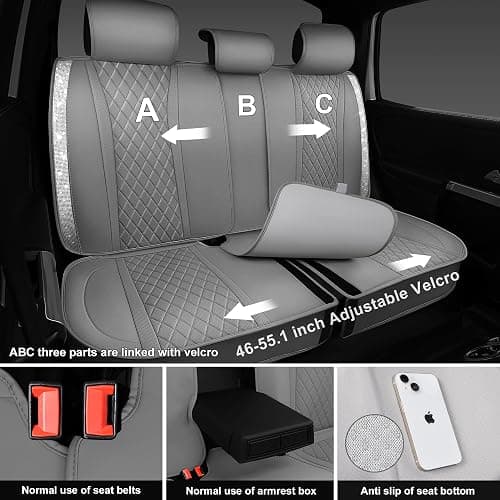 CAR PASS Gray Leather Bling Car Seat Covers Full Set, Luxury Microfiber Nappa PU Cushioned, Waterproof Anti-Slip Universal Fit for Auto SUV Sedan Sparkly Glitter Shining Rhinestone, Gray Diamond thumbnail 5