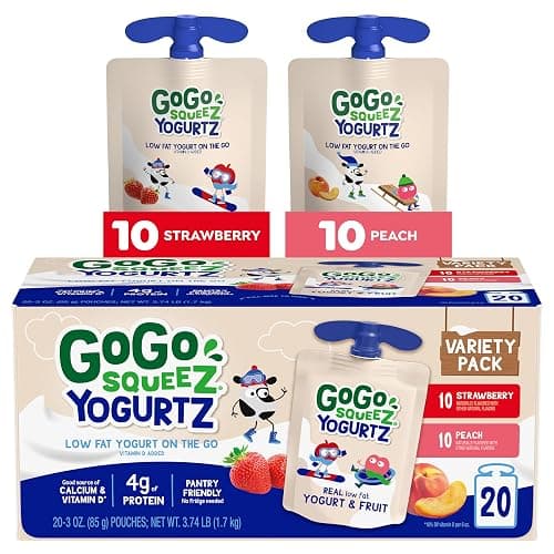 GoGo squeeZ Low Fat YogurtZ Variety Pack, 3 oz Pouches, 20 Count | Kids snack, strawberry & peach flavor, real yogurt & fruit; no fridge needed, gluten and nut free, recloseable cap, BPA-free - Image 1