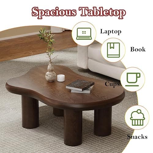 Asymmetric Cloud-shape Coffee Table (C Brown 46in) | Stylish Irregular Home Decor Center Table with Sturdy & Stable Cylindrical Support Legs thumbnail 4