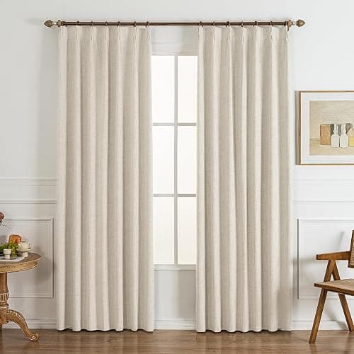 Gleantdeco Cream Curtains with Ruffle Tape, Opaque Thermal Curtain for Bedroom, Living Room, Window, Pleated Linen Look, Blackout Curtains, Set of 2, 245 cm Long, 101 cm Wide - Image 1