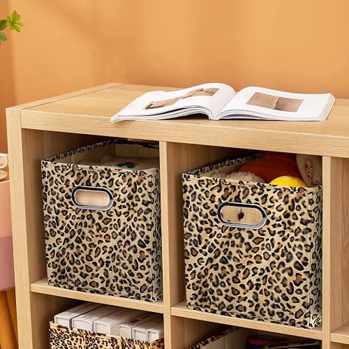 ANMINY 2PCS Storage Cubes Leopard Cheetah Print Velvet Fabric Storage Bins for Shelves, Collapsible Washable Closet Storage Baskets Boxes with Handles for Organizing and Storage -Brown, 11"x 11"x 11" thumbnail 4