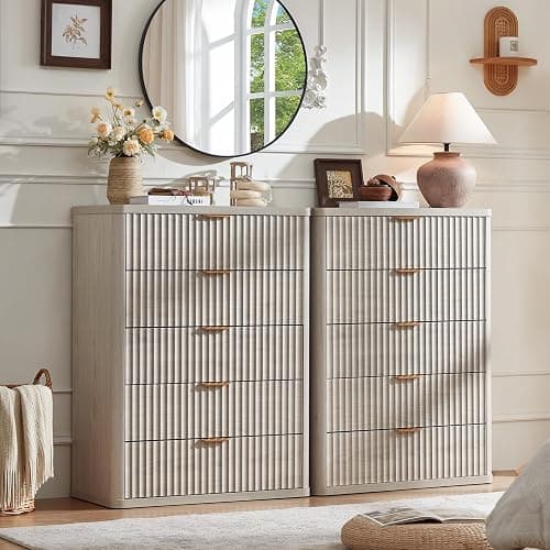 LEYAOYAO Fluted 5 Drawers Dresser for Bedroom, 41" Tall Modern Chest of Drawers with Metal Handle, Curved Profile Farmhouse Closet Organizer Wood Dressers TV Stand for Living Room, Hallway, Lightgrey thumbnail 4