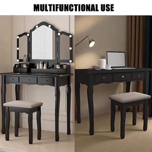 NEDYO Vanity Table, Vintage Vanity Desk with Mirror and Lights, Tri-Fold Mirror Small Makeup Vanity with Chair, Vanity Set for Bedroom and Small Spaces. Carbon Black thumbnail 6