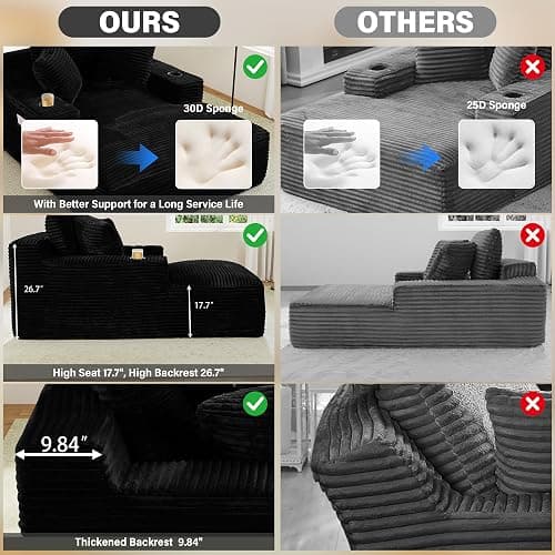 68" Oversized Boneless Chaise Lounge Chair Indoor with Cup Holders,Black | Plush Corduroy Reading Chair Cloud Deep Seat Sleeper Couch with 3 Pillows, Comfy Sofa Bed for Living Room,No Assembly thumbnail 3