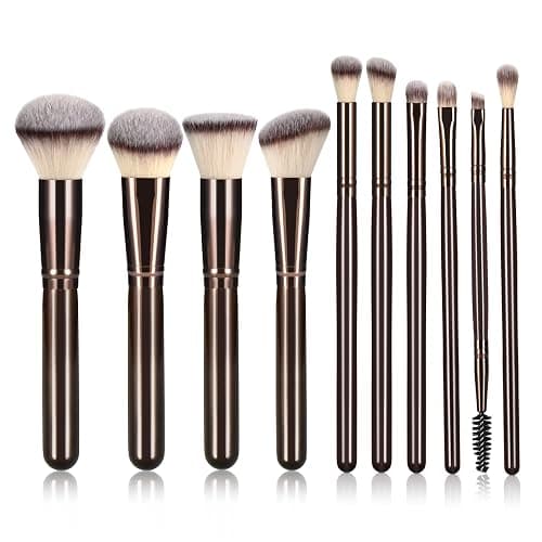 YJ-Anyue 10-Piece Brown Wooden Makeup Brushes Set, Professional Foundation Concealer Contour Eyeshadow Kabuki Brushes, Premium Synthetic Bristles for Liquid Powder Cream - Image 1