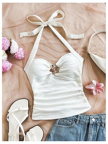 SOLY HUX Women's V Neck Halter Tops Open Back Y2k Ruched Floral Metal Summer Going Out Cami Tops thumbnail 2