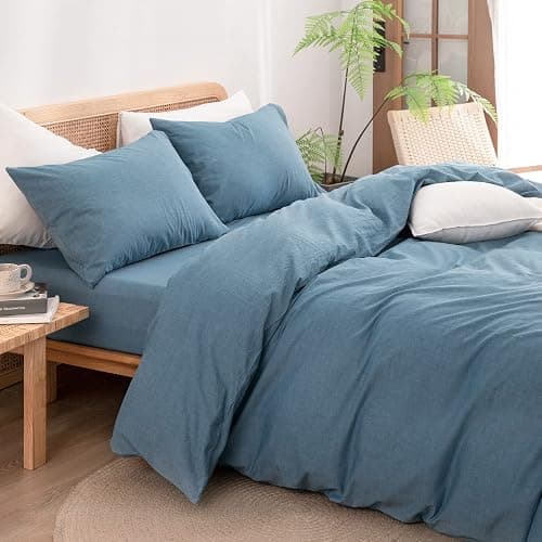 BESTOUCH Duvet Cover Set 100% Washed Cotton Linen Feel Super Soft Comfortable Chic Lightweight 3 PCs Home Bedding Set Solid Dark Blue Queen thumbnail 2