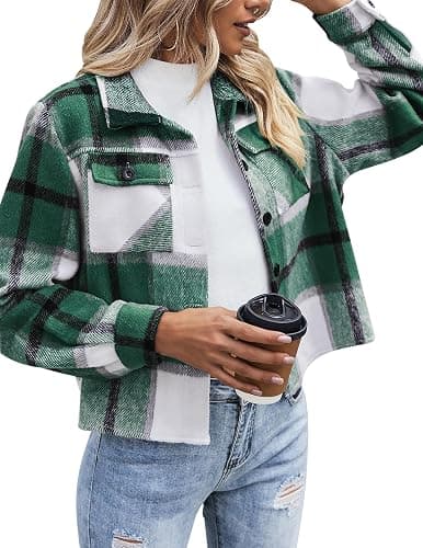 Zeagoo Flannels for Women Cropped Shacket Jacket Fashion Plaid Button Down Shirt 2026 Fall Coat Tops - Image 1