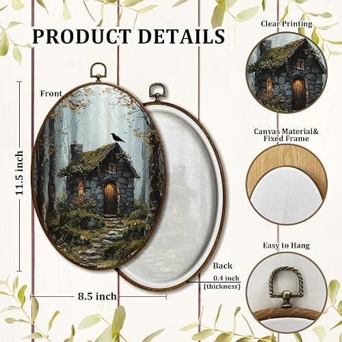 JQF Dark Academia Forest Cabin Crow Oval Wall Decor, Dark Cottagecore Oval Canvas Wall Art, Whimsical Fantasy Forest Nature Framed Prints Hanging Decor for Home Bedroom Living Room, 8.5x11.5 Inch thumbnail 7