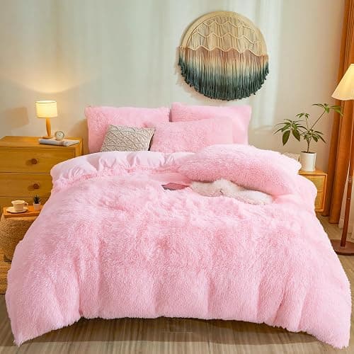 Besfunny Fluffy Pink Comforter Cover Queen Set – Plush Faux Fur Pink Bedding 3-Piece Set (1 Faux Fur Duvet Cover + 2 Furry Pillow Shams) Cozy Fluffy Bed Set - Image 1