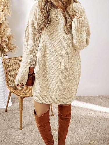 Women's Cable Knit Sweater Dress Long Sleeve Loose Crew Neck Pullover Tunic Mini Sweater Dress Fall Winter Outfits thumbnail 6