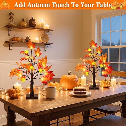 TURNMEON Fall Decor 2 Pack 18 Inch Prelit Fall Maple Tree 48 LEDs Timer | Halloween Fall Decorations for Home Battery Operated Pumpkin Lights Lighted Thanksgiving Decor Table Mantle Indoor Outdoor thumbnail 7