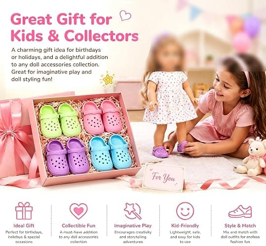 HXIELEC 4 Pairs 18 Inch Doll Shoes, EVA Clogs, Slip-On Dress Up Set | 4 Colors Endless Styling Doll Outfit Essential Cute Colors Easy Slip-On Design Gift-Ready Dress Up Set thumbnail 7