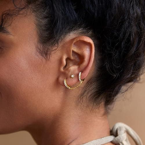 PAVOI 14K Gold Plated CZ Flat Back Earrings for Women, Cartilage Studs | Hypoallergenic Earrings with 925 Sterling Silver Posts, Helix Cartilage Earrings with Cubic Zirconia thumbnail 2