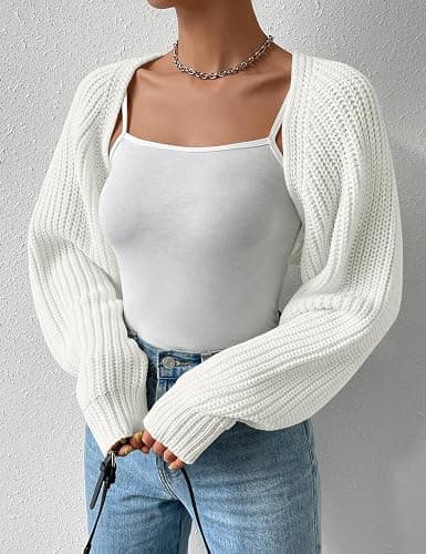SECRETEYARD Women's Long Sleeve Open Front Knitted Crop Cardigan Drop Shoulder Knit Bolero Shrug Sweater thumbnail 2