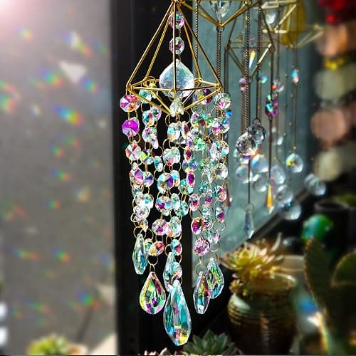 HDCRYSTALGIFTS 21.5inch Crystal Suncatchers for Window Hanging Wind Chime Style Garden Sun Catchers with Crystals Rainbow Maker Indoor Outdoor Decor Handmade Gold Plated thumbnail 6