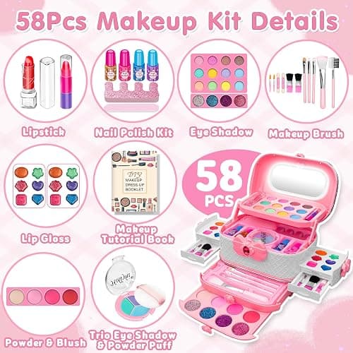 58Pcs Kids Makeup Kit for Girl - Real Washable Cosmetic Set with Light Up Mirror - Kids Makeup Sets for Girls -Play Make Up Birthday for Age 3 4 5 6 7 8 9 10 11 12 Years Old Kid -Pink thumbnail 2