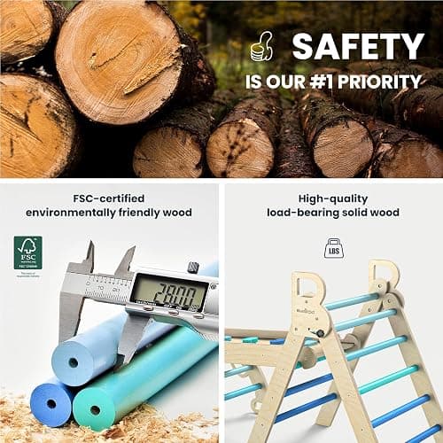 BlueWood Pikler Triangle Set with Cushion, 8-in-1 Foldable Wooden Toddler Climbing Toys Indoor Playground Jungle Gym Montessori Philosophy Climber for 2-6 Years Old, Baby, Kids (Sky Blue) thumbnail 5