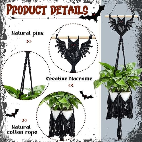 Shappy 2 Packs Jute Crochet Long Plant Hanger for 3 Inch to 12 Inch Pots, Macrame Plant Holder Rope Boho Plant Hanger with 2 S Shaped Hooks for Halloween Home Decor (Black,Bat) thumbnail 4