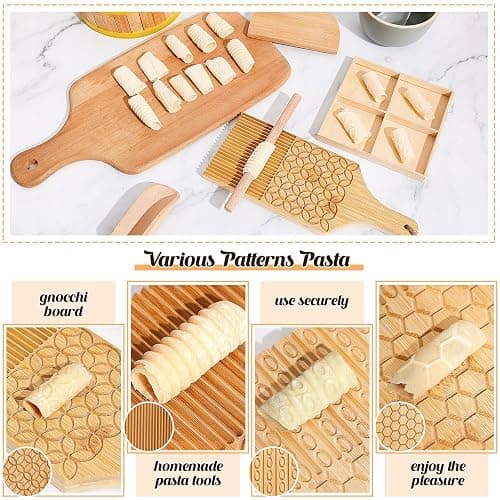 Tioncy 7 Pcs Pasta Making Tool Set Wood Gnocchi Board with Ravioli Stamp Ravioli Maker and Rolling Pin Homemade Gnocco Maker Kitchen Gift for Christmas Baking Lovers(Pattern Gnocchi Board Set) thumbnail 4