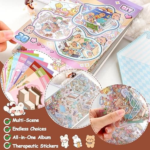 40 Sets DIY 3D Sticker Scene Collection Book Sticker Therapy, 3D House Stickers Set for Kids Adults Make Your Own Shop House Stickers, for Gifts Stress Relief Pass The Time, Cake Shop,Panda Tea Houses thumbnail 3