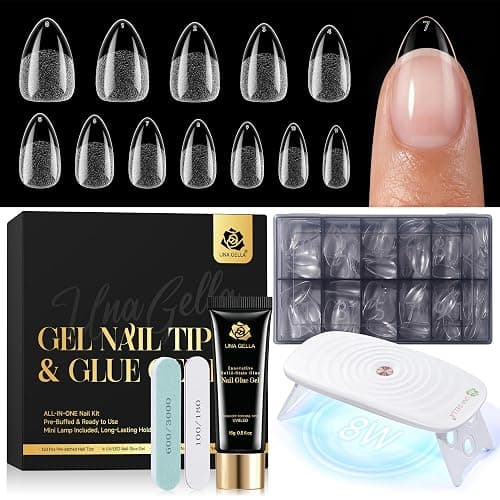 UNA GELLA Short Almond Gel Nail Tips Kit 120Pcs Pre-Etched Clear Fake Nails with 15g Solid Gel Glue Mini U V Lamp Nail Files Full Cover Press on Acrylic Nail Extensions DIY Home Kit for Women 12 Sizes - Image 1