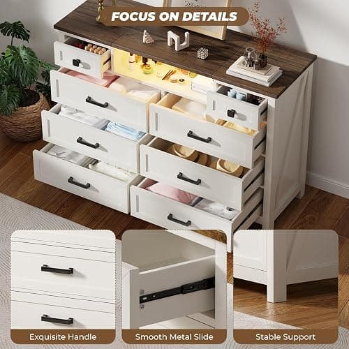 BROTTAR Dresser with Mirror for Bedroom, Chest of Drawers with LED Mirror, 8 Drawer Dresser, White Dressers for Kids, Wood Dressers, Farmhouse Makeup Vanity with Storage for Bedroom thumbnail 4