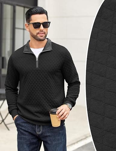 COOFANDY Mens Quarter Zip Pullover Mock Neck Quilted Sweatshirt Casual Long Sleeve Polo Sweater thumbnail 3
