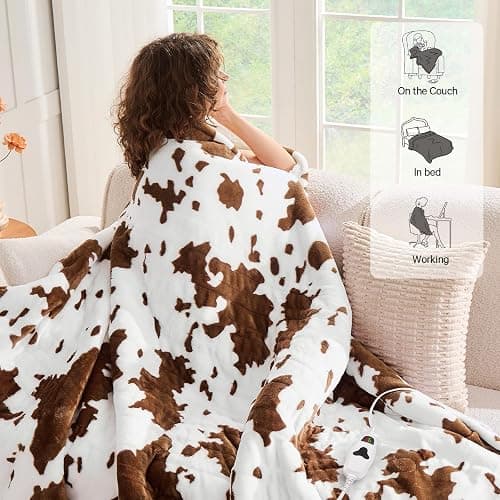 RUJIPO Cow Print Heated Electric Blanket Twin Size,62X84 Brown Heating Blanket with 10 Heats Levels & 8 Hours Auto Off,Highland Cow Fleece Sherpa Blankets Warmer Gifts for Women Adults Couch,Washable thumbnail 9