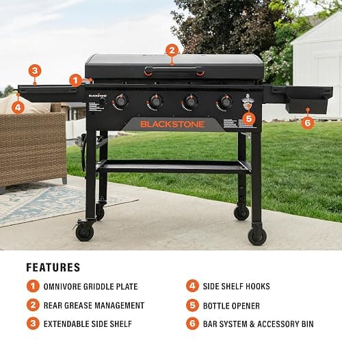 Blackstone Original 36" Griddle, Portable Outdoor Grill with Built-In Hood, Black - Includes Extendable Side Shelves and Caster Wheels | Powder Coated Steel, 4 Burner, Propane, Extendable Side Shelf thumbnail 6
