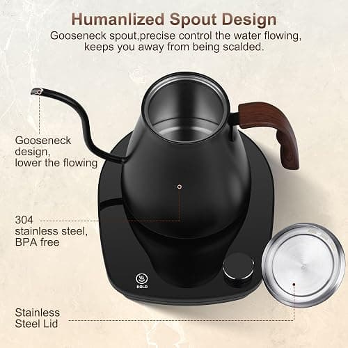 YDDZZM Gooseneck Electric Kettle, Intelligent Temperature Control, Stainless Steel Inner, Quick Heating, for Pour Over Coffee, Brew Tea, Boil Hot Water, 1000W 0.9L Black thumbnail 4
