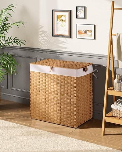 Greenstell Laundry Hamper with lid, No Install Needed, 110L Wicker Laundry Baskets Foldable 2 Removable Liner Bags, 2 Section Clothes Hamper Handwoven Rattan Laundry Basket with Handles, Natural thumbnail 2